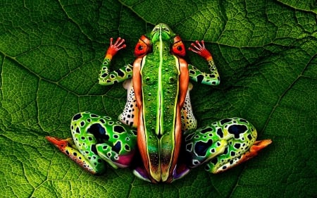 Body painting ~ The frog - body painting, art, frog, red, animal, orange, green, funny