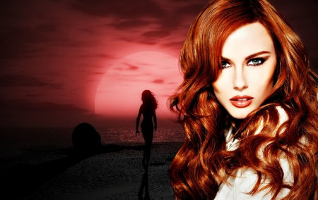 Alyssa Campanella - woman, redhead, girl, sun, black, model, alyssa campanella, pink, red, by cehenot