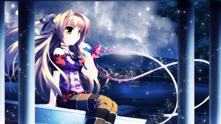 ☆Beautiful Night☆ - Cute, Sweet, Blonde, Beautiful, Night, thes, Lovely, Anime, Girl, Long Hair, Starry, Pink And Purple Clothes, Wonderful, Pink Ribbon, Adorable