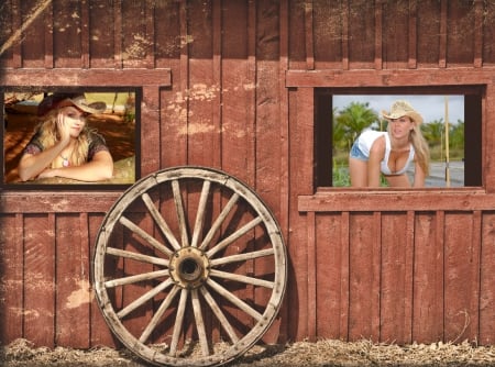 Cowgirls And Ole Red Barn - style, western, models, hats, ranch, cowgirls, outdoors, farm, wagon wheels, rodeo, famous, fun, female, barns, fashion