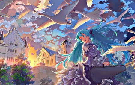 Hatsune Miku - hatsune miku, girl, sunset, bird, vocaloid, blue, anime, goose, manga, fly