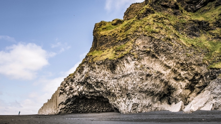 cave on a beach in dyrholaey iceland - moss, cliff, cave, beach