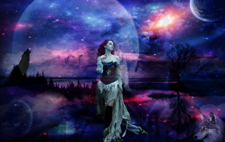 Fantasy Girl - moon, female, blue, beautiful, jessica truscott, girl, fantasy, digital, woman, model, art