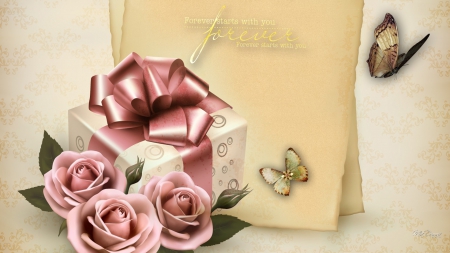 Forever Roses - roses, butterflies, mauve, romance, love, flowers, vintage, Valentines Day, ribbon, package, gift, bow