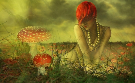 Mushroom Field - woman, mushrooms, redhead, serene, female, girl, fantasy, art, red, beautiful, green, digital, artistic