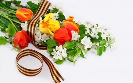 Flowers - nature, beautiful, white and orange, ribbon, flowersmtulips