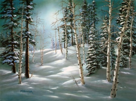 Winter Morning - trees, nature, artwork, mist, landscape, snow, birches