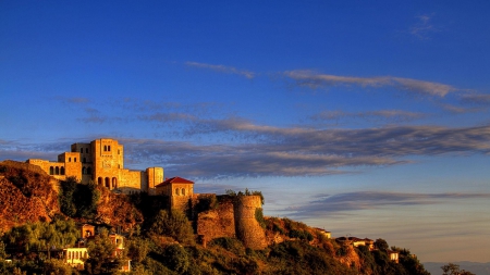 beautiful hill top castle in durres albanis hdr - sky, hill, town, castle, bushes, hdr