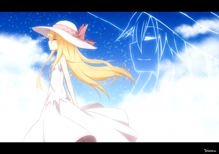 Walking On Clouds - sky, hat, lily white, long hair, touhou, clouds, anime, dress, blonde