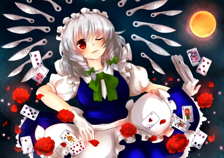 Wanna See A Trick? - roses, anime, knives, wink, petals, maid, red eyes, flowers, short hair, cards, izayoi sakuya, gray hair, headdress, gloves