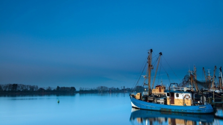 commercial fishing boats in harbor - harbor, dusk, boats, reflection