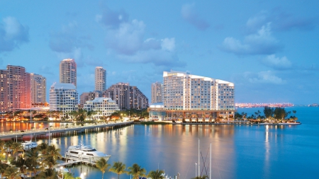 beautiful miami waterfront at dusk - city, waterfront, bridge, dusk, lights