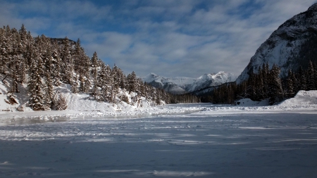 Rocky Mountains and frozen Bow river, Western Canada - Rockies, Canada, Banff, Bow river, Winter, Alberta