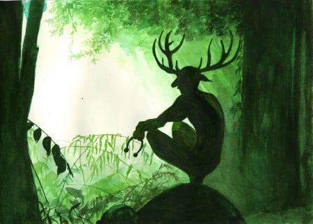 Cernunnos(Celtic god) - hidden, forest, sits, green