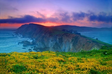 Point Reyes sunset - pretty, sundown, point, amazing, landscape, mountain, flowers, shore, view, cliffs, nice, sky, clouds, water, beautiful, sea, lovely, freshness, colorful, sunset, rocks