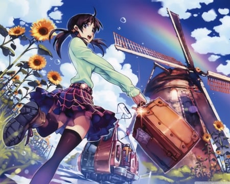 girl and sunflowers - sunflowers, sky, girl, cloud, anime