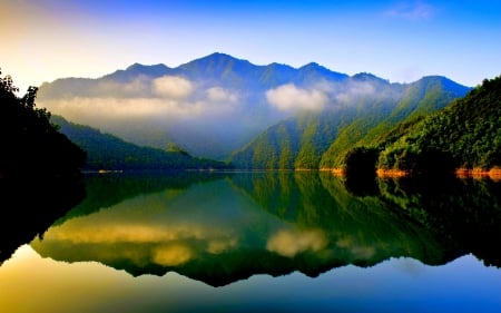 CALM LAKE - calm, fog, lake, forest, mountains, reflection