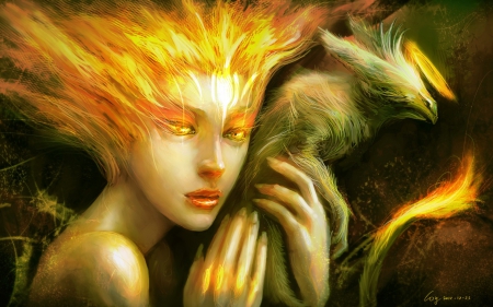 Fantasy girl - yellow, girl, art, creature, fantasy, orange, dragon, woman, green