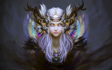 Fantasy girl - black, fantasy, white, woman, girl, art, pink, horns