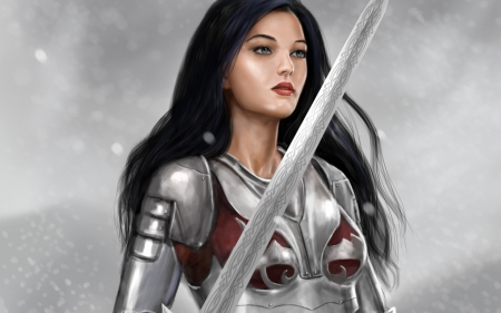 Natasha - woman, girl, fantasy, armor, natasha, art, silver, game, brunette, sword, lords of gossamer and shadow