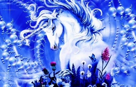 Unicorn - white, flower, horse, fantasy, pink, blue, unicorn