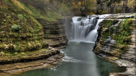 gorgeous waterfall in gorge hdr - gorge, river, hdr, waterfall, bridge, mist