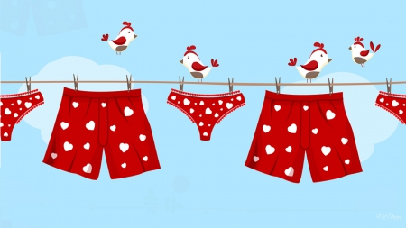 Boxers and Bikinis - panties, birds, boxers, whimsical, clothes line, bikinies, Valentines Day, cute, sky, hearts, underwear