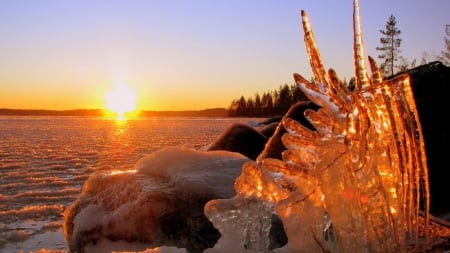 natural ice sculpture by a frozen lake - ice, frozen, sunrise, lake, sculpture