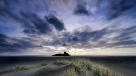 gorgeous beachscape - clouds, dunes, beach, island, sea, grass