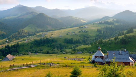 church in a hillside village - village, hills, fields, mountains, church