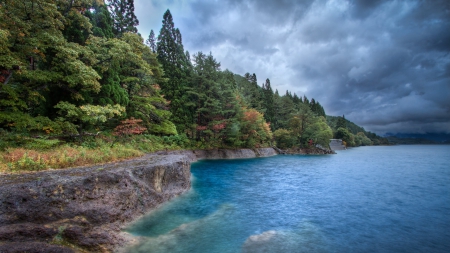 wonderful lake shore hdr - lake, forest, clouds, hdr, shore, rocks