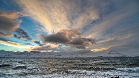 rough northern sea - rough, clouds, winter, mountains, sea, waves