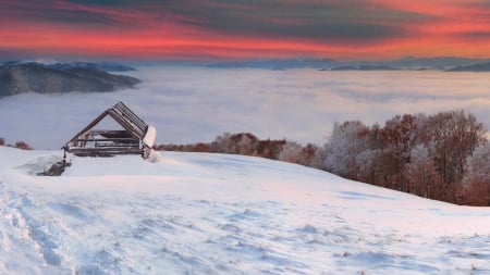 cabin ruins on mountain with gorgeous view - view, ruins, clouds, winter, cabin, mountains, sunset