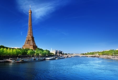 Paris - clouds, trees, France, sunny, Paris, Eiffel Tower, splendor, city, boats, river, nature, sky