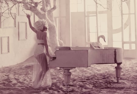 Emotional Play - swan, girl, music, instrument, playing, fantasy, white, piano, scene