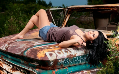 Rusty Chevrolet - woman, women, fun, girls, models, female, hot, cowgirl, model, western, chevy, pretty, classic, style, sexy, truck, fashion, outdoors, brunettes, rusty, beautiful, ranch