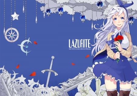 ~Lazurite~ - short dress, girl, headband, blue eyes, long hair, boots, pretty, petals, anime, red flower, sword, flowers, white hair