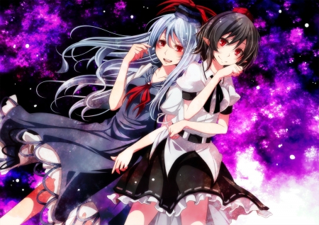 ~Aya & Keine~ - kamishirasawa keine, skirt, shameimaru aya, long hair, hats, black hair, red eyes, touhou, anime, friends, short hair, gray hair, dress, pointed ears