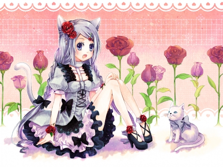 Hi Little Kitty!! - braids, flowers, cat, gray hair, anime, dress, catgirl, long hair, lovely, animal ears, blue eyes, bows, colorful