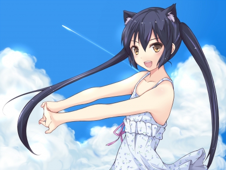 ~Nakano Azusa~ - clouds, brown eyes, anime, animals ears, kon, dress, catgirl, long hair, nakano azusa, summer dress, ponytails, black hair, sky