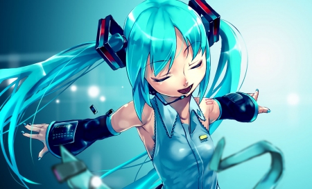 Hatsune Miku - tattoo, anime, vocaloid, hatsune miku, long hair, headphones, blue hair, ponytails, blue fingernails