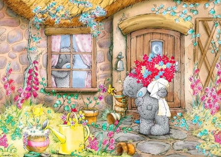 A gift with love - pretty, summer, spring, home, flowers, teddy, friends, nice, art, cottage, house, beautiful, present, lovely, love, sweet, bouquet, bear, painting, cute, gift