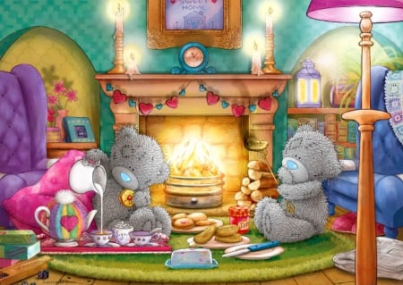 Tea for two - bears, colorful, chimney, painting, art, home, pretty, artwork, house, cute, two, bear, teddybears, fireplace, tea, company, lovely, lovel, beautiful, cozy, sweet, friends, teddy, lights