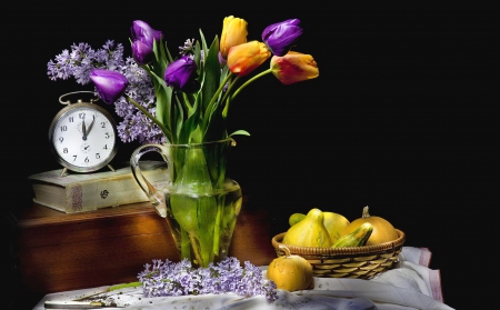 Still life - pretty, book, lilac, clock, leaves, flowers, elegance, scent, nice, mix, fruits, pears, vase, delicate, water, beautiful, fragrance, lovely, still life, petals, bouquet, harmony, basket, colorful, tulips, time