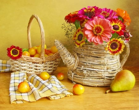 Still life - pretty, lovely, freshness, still life, bouquet, harmony, flowers, basket, elegance, nice, fruits, pears