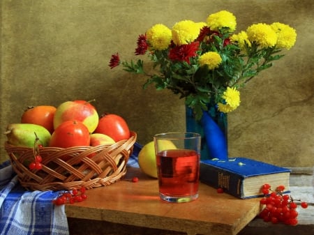 Still life - nice, pears, colorful, bouquet, basket, book, juice, pretty, petals, harmony, yummy, stii life, fruits, apples, lovely, beautiful, leaves, flowers