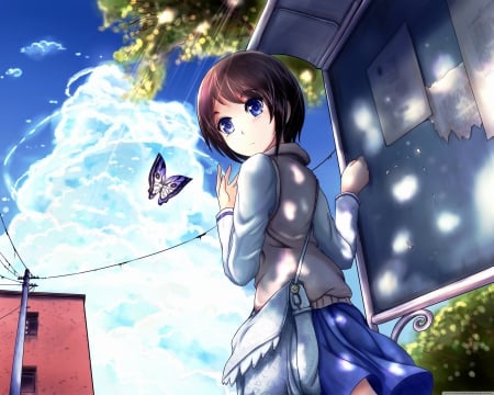 anime girl with butterfly - butterfly, girl, anime, sora