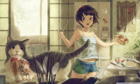 anime girl - neko, girl, kitchen, cat, anime