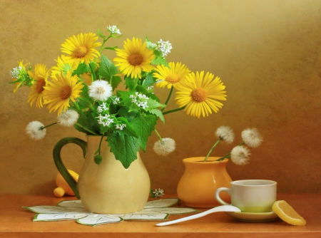 Still life - pretty, yellow, spring, leaves, flowers, elegance, nice, vase, delicate, dandelions, beautiful, coffee, tea, morning, lovely, freshness, still life, petals, harmony, cup, lemon