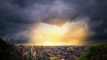 superb cityscape - city, cliffs, clouds, river